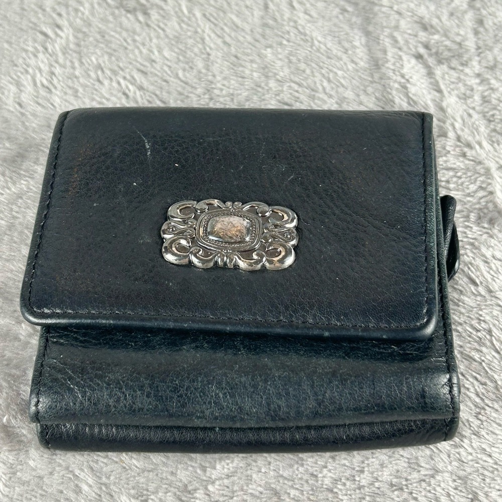 Vintage Fossil Wallet Small Black Leather Medallion Card Slots Billfold